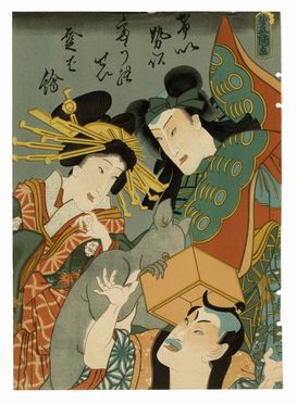  Utagawa Kunisada I (Toyokuni III)  (Edo, 1786 - 1865) : L'attore Nakamura Shikan IV in tre ruoli: una cortigiana (Keisei), lo Spirito di una farfalla (Chô no sei) e un personaggio di cartone animato (Toba-e).  - Asta Stampe, disegni e dipinti antichi, moderni e contemporanei - Libreria Antiquaria Gonnelli - Casa d'Aste - Gonnelli Casa d'Aste