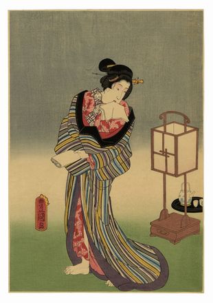  Utagawa Kunisada I (Toyokuni III)  (Edo, 1786 - 1865) : L'attore Nakamura Shikan IV in tre ruoli: una cortigiana (Keisei), lo Spirito di una farfalla (Chô no sei) e un personaggio di cartone animato (Toba-e).  - Asta Stampe, disegni e dipinti antichi, moderni e contemporanei - Libreria Antiquaria Gonnelli - Casa d'Aste - Gonnelli Casa d'Aste