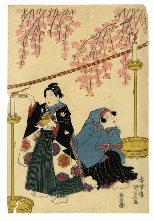  Utagawa Kunisada I (Toyokuni III)  (Edo, 1786 - 1865) : Due figure femminili e due candelieri sotto un ciliegio in fiore.  - Asta Stampe, disegni e dipinti antichi, moderni e contemporanei - Libreria Antiquaria Gonnelli - Casa d'Aste - Gonnelli Casa d'Aste