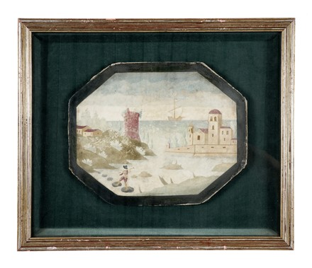  Anonimo della fine del XVII e inizi del XVIII secolo : Due marine con torre di avvistamento e ricovero per barche.  - Asta Stampe, disegni e dipinti antichi, moderni e contemporanei - Libreria Antiquaria Gonnelli - Casa d'Aste - Gonnelli Casa d'Aste