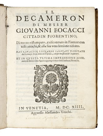  Boccaccio Giovanni : Il decameron [...] di nuovo ristampato, e riscontrato in Firenze con testi antichi, & alla sua vera lettione ridotto.  - Asta Libri, autografi e manoscritti - Libreria Antiquaria Gonnelli - Casa d'Aste - Gonnelli Casa d'Aste