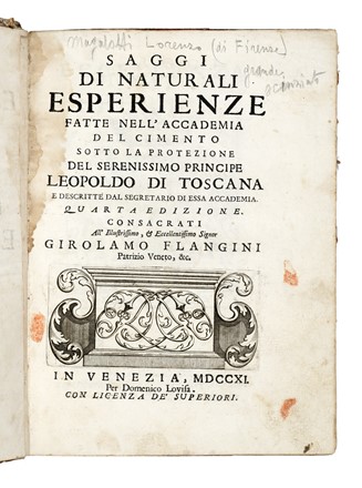  Magalotti Lorenzo : Saggi di naturali esperienze fatte nell'Accademia del Cimento...  - Asta Libri, autografi e manoscritti - Libreria Antiquaria Gonnelli - Casa d'Aste - Gonnelli Casa d'Aste