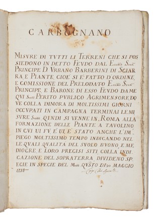 Cabreo. Carbognano / Misure di tutti li terreni che si possiedono in detto feudo dal [...] Principe D. Urbano Barberini di Sciarra [...].  - Asta Libri, autografi e manoscritti - Libreria Antiquaria Gonnelli - Casa d'Aste - Gonnelli Casa d'Aste