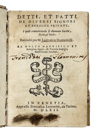  Domenichi Lodovico : Detti et fatti de diversi signori et persone private. Letteratura italiana, Letteratura  - Auction Books, autographs & manuscripts - Libreria Antiquaria Gonnelli - Casa d'Aste - Gonnelli Casa d'Aste