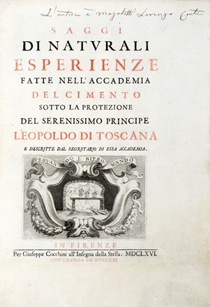  Magalotti Lorenzo : Saggi di naturali esperienze fatte nell'Accademia del Cimento... Scienze naturali, Fisica, Figurato, Scienze tecniche e matematiche, Collezionismo e Bibliografia  - Auction Books, autographs & manuscripts - Libreria Antiquaria Gonnelli - Casa d'Aste - Gonnelli Casa d'Aste