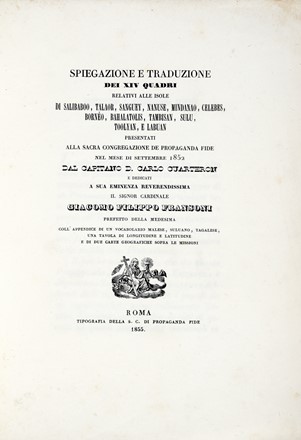  Cuarteron Carlos : Spiegazione e traduzione dei XIV quadri relativi alle isole di Salibaboo, Talaor, Sanguey, Nanuse, Mindanao, Celebes...  - Asta Libri, autografi e manoscritti - Libreria Antiquaria Gonnelli - Casa d'Aste - Gonnelli Casa d'Aste