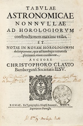  Clavius Christophorus : Tabulae astronomicae nonnullae ad horologiorum constructionem maxime utiles... [Si vende con permesso di esportazione].  - Asta Libri, autografi e manoscritti - Libreria Antiquaria Gonnelli - Casa d'Aste - Gonnelli Casa d'Aste