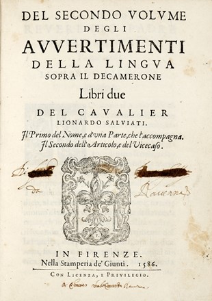  Salviati Leonardo : Degli avvertimenti della lingua sopra'l Decamerone... Volume primo (-secondo).  - Asta Libri, autografi e manoscritti - Libreria Antiquaria Gonnelli - Casa d'Aste - Gonnelli Casa d'Aste