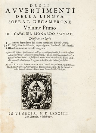  Salviati Leonardo : Degli avvertimenti della lingua sopra'l Decamerone... Volume primo (-secondo).  - Asta Libri, autografi e manoscritti - Libreria Antiquaria Gonnelli - Casa d'Aste - Gonnelli Casa d'Aste