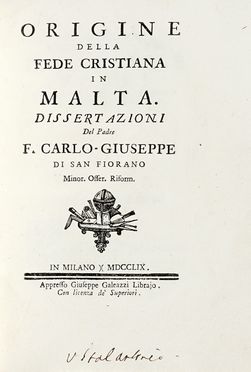  Di San Fiorano Carlo-Giuseppe : Origine della fede cristiana in Malta.  - Asta  [..]