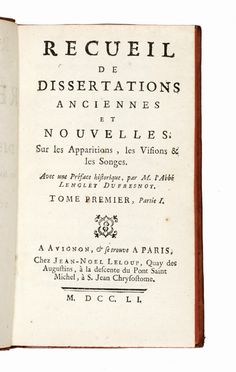  Lenglet Du Fresnoy Nicolas : Traité historique et dogmatique sur les apparitions,  [..]