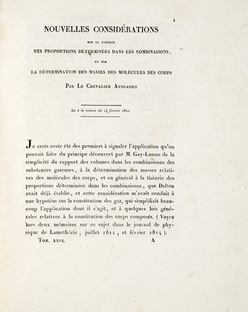  Avogadro Amedeo : [Nouvelles considrations sur la thorie des proportions determines dans les combinaisons, et sur la dtermination des masses des molcules des corps...].  - Asta Libri, autografi e manoscritti - Libreria Antiquaria Gonnelli - Casa d'Aste - Gonnelli Casa d'Aste