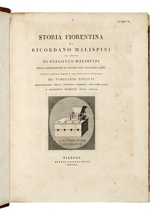  Malespini Ricordano : Storia fiorentina [...] col seguito di Giacotto Malispini dalla edificazione di Firenze sino all'anno 1286.  Jacopo Nardi  - Asta Libri, manoscritti e riviste [ASTA A TEMPO] - Libreria Antiquaria Gonnelli - Casa d'Aste - Gonnelli Casa d'Aste