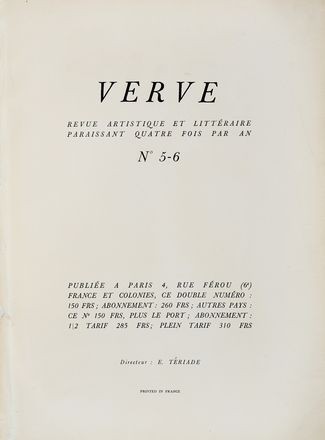 Verve. Revue artistique et littraire paraissant quatre fois par an. Volume II; n. 5-6.  Georges Braque  (Argenteuil, 1882 - Parigi, 1963), Georges Rouault  (Paris, 1871 - 1958), Andr Derain  (Chatou, 1880 - Garches, 1954), Fernand Lger  (Argentan, 1881 - Gif-sur-Yvette, 1955), Paul Klee, Pierre Bonnard  (Fontenay-aux-Roses, 1867 - Le Cannet, 1947), Henri Matisse  (Le Cateau-Cambrsis, 1869 - Nizza, 1954), Aristide Maillol  (Banyuls-sur-Mer, 1861 - Banyuls-sur-Mer, 1944)  - Asta Libri, manoscritti e riviste [ASTA A TEMPO] - Libreria Antiquaria Gonnelli - Casa d'Aste - Gonnelli Casa d'Aste