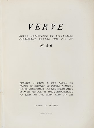 Verve. Revue artistique et litt�raire paraissant quatre fois par an. Volume II; n. 5-6. Periodici e Riviste, Libro d'Artista, Collezionismo e Bibliografia, Collezionismo e Bibliografia  Georges Braque  (Argenteuil, 1882 - Parigi, 1963), Georges Rouault  (Paris, 1871 - 1958), Andr� Derain  (Chatou, 1880 - Garches, 1954), Fernand L�ger  (Argentan, 1881 - Gif-sur-Yvette, 1955), Paul Klee, Pierre Bonnard  (Fontenay-aux-Roses, 1867 - Le Cannet, 1947), Henri Matisse  (Le Cateau-Cambr�sis, 1869 - Nizza, 1954), Aristide Maillol  (Banyuls-sur-Mer, 1861 - Banyuls-sur-Mer, 1944)  - Auction Books, autographs & manuscripts [timed auction] - Libreria Antiquaria Gonnelli - Casa d'Aste - Gonnelli Casa d'Aste