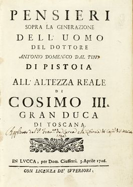  Dal Pino Antonio Domenico : Pensieri sopra la generazione dell'uomo... Medicina,  [..]