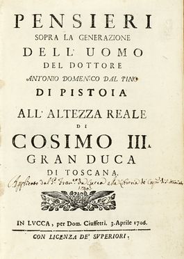  Dal Pino Antonio Domenico : Pensieri sopra la generazione dell'uomo... Medicina, Ostetricia, Scienze naturali, Medicina  - Auction Books, autographs & manuscripts - Libreria Antiquaria Gonnelli - Casa d'Aste - Gonnelli Casa d'Aste