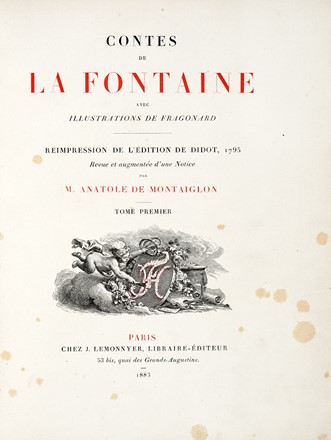  La Fontaine Jean (de) : Contes [...] avec illustrations de Fragonard, reimpression de l'dition de Didot, 1795... Tome premier (-second). Letteratura francese, Letteratura  - Auction Books, autographs & manuscripts [timed auction] - Libreria Antiquaria Gonnelli - Casa d'Aste - Gonnelli Casa d'Aste