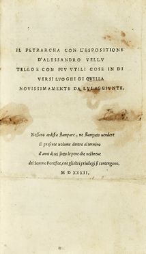  Petrarca Francesco : Il Petrarcha con l'espositione d'Alessandro Vellutello e con  [..]