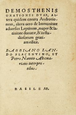  Demosthenes : Orationes duae, altera quidem contra Androtionem, altera uero de immunitate aduersus Leptinem...  - Asta Libri, autografi e manoscritti - Libreria Antiquaria Gonnelli - Casa d'Aste - Gonnelli Casa d'Aste