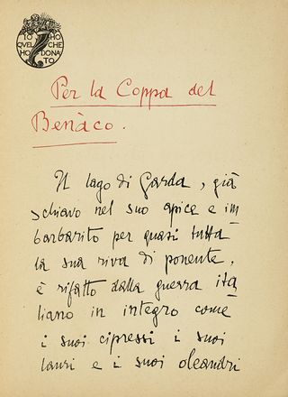  D'Annunzio Gabriele : Per la coppa del Benco. Agli aviatori navali.  Guido Marussig  (Trieste, 1885 - Gorizia, 1972)  - Auction Books, autographs & manuscripts - Libreria Antiquaria Gonnelli - Casa d'Aste - Gonnelli Casa d'Aste