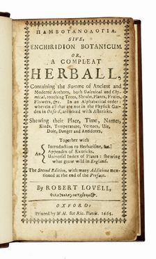  Lovell Robert : Pambotanologia sive, Enchiridion Botanicum. Or, a Compleat Herball...  [..]