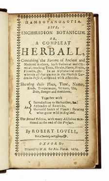  Lovell Robert : Pambotanologia sive, Enchiridion Botanicum. Or, a Compleat Herball... Botanica, Farmacologia, Scienze naturali, Medicina  - Auction Books, autographs & manuscripts - Libreria Antiquaria Gonnelli - Casa d'Aste - Gonnelli Casa d'Aste