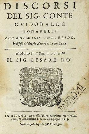  Bonarelli Guidubaldo : Discorsi [...] in difesa del doppio amore della sua Celia.  - Asta Libri, autografi e manoscritti - Libreria Antiquaria Gonnelli - Casa d'Aste - Gonnelli Casa d'Aste