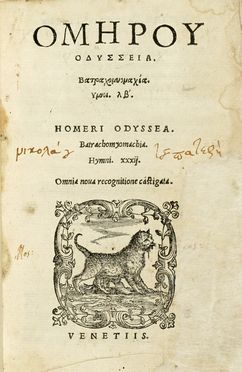  Homerus : Odysseia. Batrachomyomachia. Letteratura classica, Letteratura  - Auction Books, autographs & manuscripts - Libreria Antiquaria Gonnelli - Casa d'Aste - Gonnelli Casa d'Aste