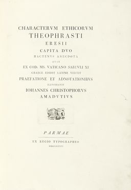  Theophrastus : Characterum ethicorum. Bodoni, Collezionismo e Bibliografia  - Auction Books, autographs & manuscripts - Libreria Antiquaria Gonnelli - Casa d'Aste - Gonnelli Casa d'Aste