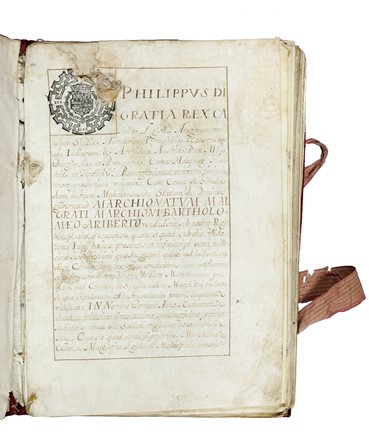 Conferma dell'Instrumento del Marchesato di Malgrate in Lunigiana conferito dal re di Spagna Filippo IV (con sua firma) a Bartolomeo Ariberti.  - Asta Autografi e manoscritti, Futurismo, libri del Novecento e libri d'artista [Parte I] - Libreria Antiquaria Gonnelli - Casa d'Aste - Gonnelli Casa d'Aste