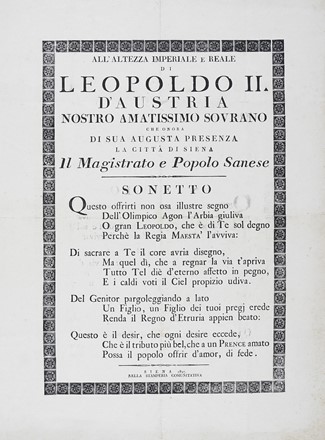  Anonimo del XIX secolo : Anacreontica dedicata dai pastori accademici Rozzi a Maria Luisa Giuseppa Infanta di Spagna Regina reggente d'Etruria in occasione della sua visita.  - Asta Arte Antica, Moderna e Contemporanea - PARTE I - Libreria Antiquaria Gonnelli - Casa d'Aste - Gonnelli Casa d'Aste