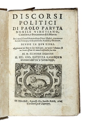  Paruta Paolo : Discorsi politici [...] Ne i quali si considerano diversi fatti illustri, e memorabili di principi, e di republiche antiche, e moderne...  Giovanni Botero  - Asta Libri a stampa dal XVI al XX secolo [ASTA A TEMPO - PARTE II] - Libreria Antiquaria Gonnelli - Casa d'Aste - Gonnelli Casa d'Aste