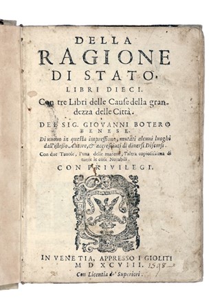  Paruta Paolo : Discorsi politici [...] Ne i quali si considerano diversi fatti illustri, e memorabili di principi, e di republiche antiche, e moderne...  Giovanni Botero  - Asta Libri a stampa dal XVI al XX secolo [ASTA A TEMPO - PARTE II] - Libreria Antiquaria Gonnelli - Casa d'Aste - Gonnelli Casa d'Aste