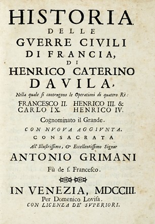  Beregan Nicol� : Historia delle guerre d'Europa dalla comparsa dell'armi ottomane nell'Hungheria l'anno 1683 [...] Parte prima (-seconda). Storia, Storia, Diritto e Politica  Francesco Guicciardini  - Auction Books from XV to XIX Century [II Part] - Libreria Antiquaria Gonnelli - Casa d'Aste - Gonnelli Casa d'Aste