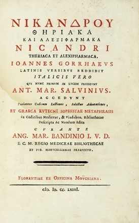  Gerenzano Portigliotto Carlo Giuseppe, Massa Antonio, Nicander Colophonius : Lotto composto di 3 opere di medicina. Medicina, Anatomia, Medicina  - Auction Books from XV to XIX Century [II Part] - Libreria Antiquaria Gonnelli - Casa d'Aste - Gonnelli Casa d'Aste