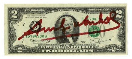  Andy Warhol  (Pittsburgh, 1928 - New York, 1987) : 2 dollars signed by Andy Warhol.  [..]
