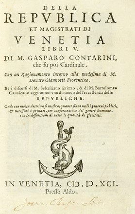  Contarini Gasparo : Della republica et magistrati di Venetia libri V.  - Asta Libri a stampa dal XV al XIX secolo [Parte II] - Libreria Antiquaria Gonnelli - Casa d'Aste - Gonnelli Casa d'Aste