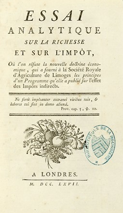  Graslin Jean-Joseph-Louis : Essai analytique sur la richesse et sur l'impot. Economia, Economia, Sociologia  - Auction Books from XV to XIX Century [II Part] - Libreria Antiquaria Gonnelli - Casa d'Aste - Gonnelli Casa d'Aste