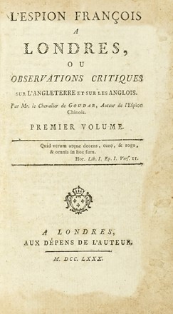  Goudar Pierre Ange : L'espion chinois, ou L'envoyé secret de la cour de Pékin, pour examiner l'état présent de l'Europe. Tome premier (-sixieme). Scienze politiche, Storia, Storia, Diritto e Politica, Storia, Diritto e Politica  Giovanni Paolo Marana  - Auction Books from XV to XIX Century [II Part] - Libreria Antiquaria Gonnelli - Casa d'Aste - Gonnelli Casa d'Aste