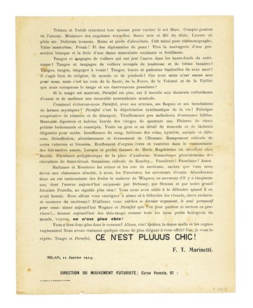  Marinetti Filippo Tommaso : A bas le Tango et Parsifal! Lettre futuriste circulaire  quelques amies cosmopolites qui donnent des ths-tango et se parsifalisent.  - Asta Autografi e manoscritti, Futurismo, libri del Novecento e libri d'artista [Parte I] - Libreria Antiquaria Gonnelli - Casa d'Aste - Gonnelli Casa d'Aste