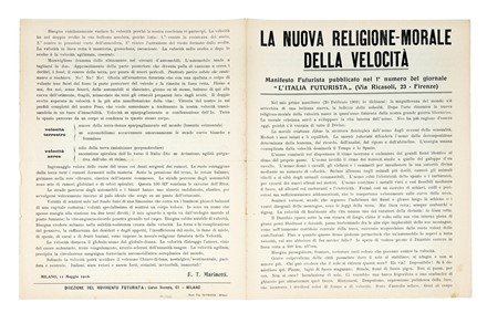  Marinetti Filippo Tommaso : La nuova religione-morale della velocit. Manifesto futurista pubblicato nel 1 numero del giornale L'Italia futurista (Via Ricasoli, 23 - Firenze). Futurismo, Arte  - Auction Autographs and manuscripts, Futurism, Modern editions and Art books [I PART] - Libreria Antiquaria Gonnelli - Casa d'Aste - Gonnelli Casa d'Aste