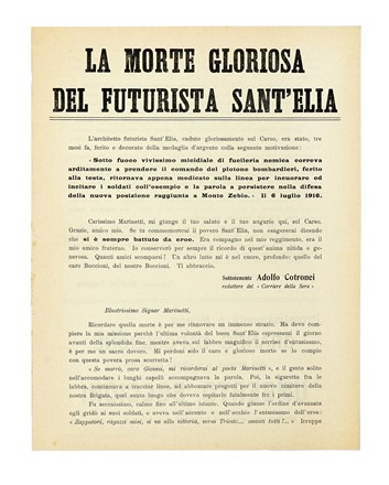 La morte gloriosa del futurista Sant'Elia. Futurismo, Arte  Filippo Tommaso Marinetti  (1876 - 1994)  - Auction Autographs and manuscripts, Futurism, Modern editions and Art books [I PART] - Libreria Antiquaria Gonnelli - Casa d'Aste - Gonnelli Casa d'Aste