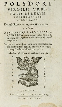  Virgilio Polidoro : De rerum inventoribus libri octo. Gastronomia, Scienze tecniche e matematiche, Medicina, Alchimia, Teatro, Altri sport - giochi e passatempi, Letteratura classica, Occultismo, Musica, Teatro, Spettacolo, Feste - Folklore - Giochi - Sport, Letteratura  - Auction Books from XV to XIX Century [II Part] - Libreria Antiquaria Gonnelli - Casa d'Aste - Gonnelli Casa d'Aste