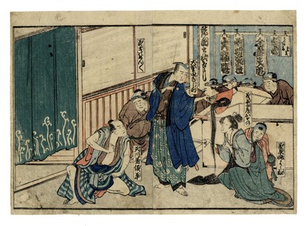  Katsushika Hokusai  (Edo, 1760 - 1849) : Yuranosuke offre a Gihei su un ventaglio aperto i capelli e gli ornamenti di Osono.  - Auction Ancient Art [I Part] - Libreria Antiquaria Gonnelli - Casa d'Aste - Gonnelli Casa d'Aste