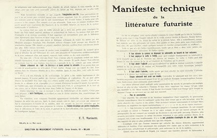  Marinetti Filippo Tommaso : Manifeste technique de la littérature futuriste.  -  [..]