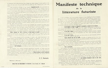  Marinetti Filippo Tommaso : Manifeste technique de la littérature futuriste. Futurismo, Arte  - Auction Books, autographs and manuscripts - Libreria Antiquaria Gonnelli - Casa d'Aste - Gonnelli Casa d'Aste