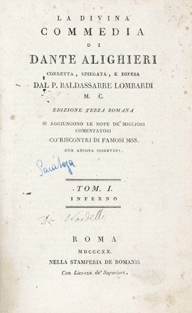  Alighieri Dante : La Divina Commedia [...] corretta, spiegata, e difesa dal P.  [..]