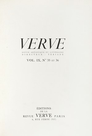  Matisse Henri : Verve. Vol. IX, nn. 35-36. Dernières oeuvres de Matisse. 1950-1954.  [..]