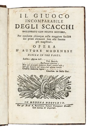  Ponziani Domenico Lorenzo : Il giuoco incomparabile degli scacchi sviluppato con nuovo metodo... Scacchi, Feste - Folklore - Giochi - Sport, Feste - Folklore - Giochi - Sport  - Auction Books, autographs and manuscripts - Libreria Antiquaria Gonnelli - Casa d'Aste - Gonnelli Casa d'Aste